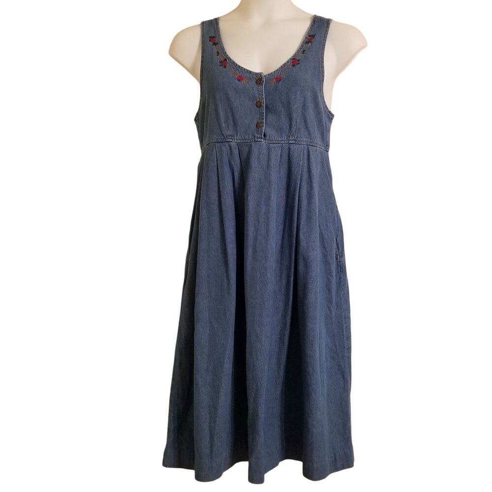 Homeschool Mom 8P Blue Jean Jumper Dress Rose Embroidery Pockets‎ Empire Waist